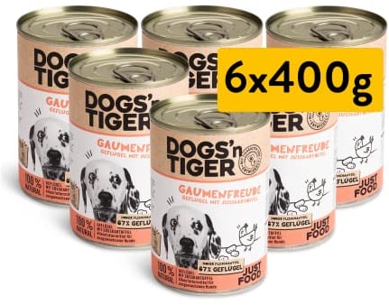 Dogs’n Tiger Adult Premium Nassfutter für Hunde, Gaumenfreude, Hunde Nassfutter, Rezeptur mit 67% Fleischanteil an Geflügel, ohne Zucker, Getreide & künstliche Aromen, 6X 400g