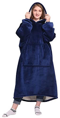 Waitu Übergroße tragbare Decke, Sweatshirt, Geschenke für Damen und Herren, weiche Sherpa-Decke, Hoodie mit Ärmeln und Tasche, warme Körperdecke, Robe – Marineblau