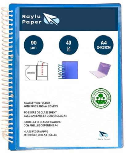 Raylu Paper - Porte Vues A4 avec Pochettes Plastiques Transparentes et Couverture Personnalisable et Fermeture Élastique, Porte Documents Souple (40 Pochettes, Bleu)