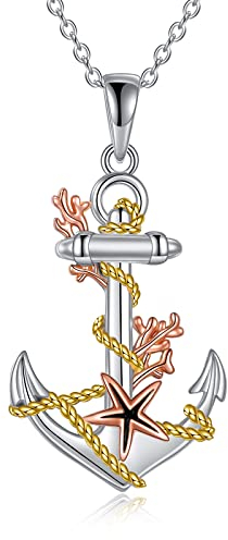 YAFEINI Anker Halskette Koralle und Seestern Anhänger Anker Kette 925 Sterling Silber Vintage Schmuck Geschenke für Damen Mädchen Mutter Tochter (Koralle und Seestern)