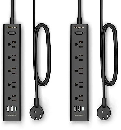 2 Pack Power Strip Surge Protector-5 Widely Spaced Outlets 3 USB Ports(1 USB C Port),1250W/10A with 5Ft Extension Cord, Power Strips with Surge Protection, Wall Mount for Home Office,Black
