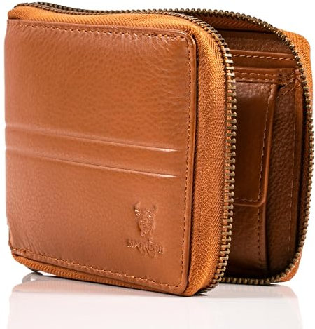 MATADOR® Portafoglio da uomo e da donna, con chiusura lampo di protezione RFID, Marrone brillante, Vintage