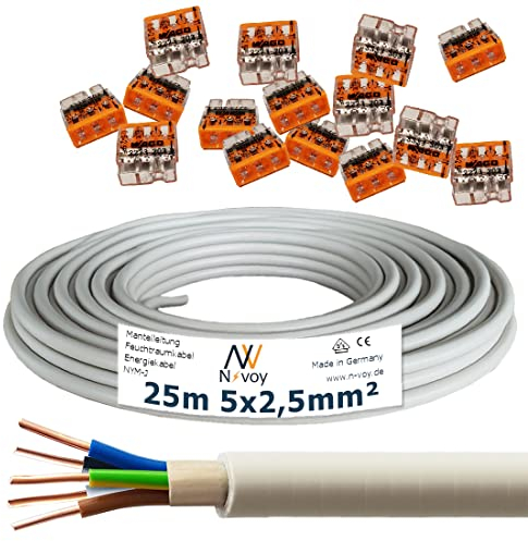 NYM-J 5x2,5 mm² 25m Mantelleitung Installationskabel mit 15 Stück WAGO Klemmen M128 …