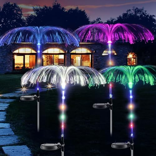 XVZ Solarlampen für Außen Garten, 4 Stück Solarleuchten Garten Wasserdicht, Solar-Faseroptik-Quallenform 7-Farben-Wechsellicht für Patio, Rasen, Terrassen, Balkon Deko