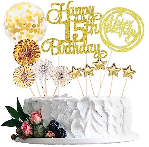 Jxuzh Happy 15th Birthday Tortendeko Gold 15 Jahre Mädchen Jungen Kuchendeko 15. Geburtstag Kuchen Deko Tortendeko 15 Geburtstag Jungen Tortendeko Gold Herz Stern Für 15 Geburtstag Cake Topper Gold