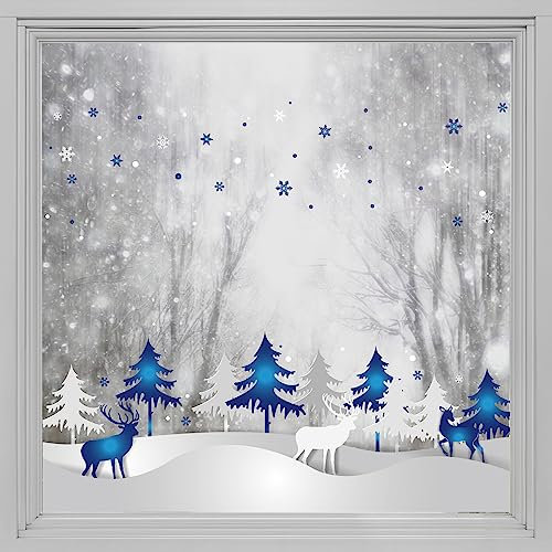 Alwayspon Weihnachten Statische Fensterfolie Privatsphäre, Doppelseitige Schneeflocke Fensteraufkleber Anti-UV Glasfolie für Weihnachtsdekoration, Kiefer und Hirsch T028