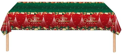 COSORO 137 * 274cm Plastic Christmas Tablecloths Party,Large Xmas Table Cloth Rectangle Shiny Red Green Holly Merry Christmas Tablecloth Party Table Cover for Christmas Party Tableware Decorations