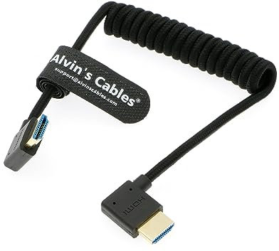 Alvin's Cables 8K 2.1 HDMI High Speed Braided Coiled Cable Right Angle to Right Angle for Atomos Ninja V, Portkeys BM5, for Feelworld Monitor, for Canon C300, Z CAM E2, Sony FS5| FS7| A7S3 Cameras