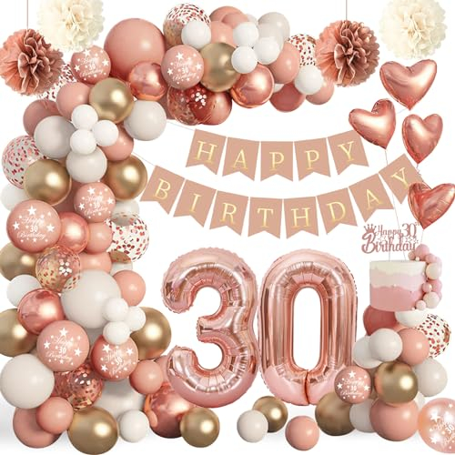 Deko 30 Geburtstag Frauen Mädchen,Rainllon Geburtstagsdeko 30 Frauen,30. Geburtstag Deko Roségold,luftballons 30. Jahre mit Happy Birthday Banner,Pompoms für Frau Mann 30. Geburtstag Dekorationen