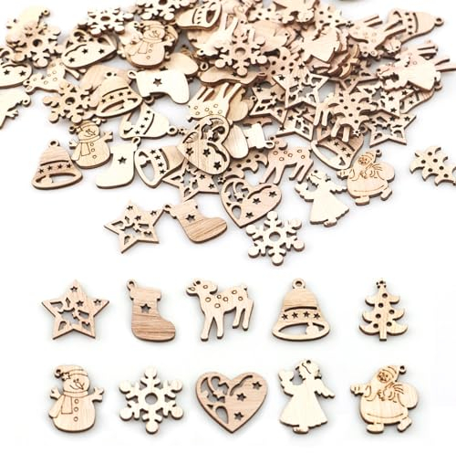 Feliciay 100 Stück Streudeko Weihnachten, Holzsterne Holz Scheiben Weihnachtsdeko Basteln zum Basteln und Dekorieren Weihnachten Hackschnitzel für Tischdeko Weihnachtsfeier Weihnachtsbaumschmuck