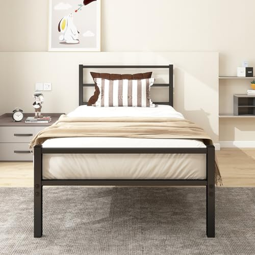 ARFARLY Bettgestell 90 x 200 cm Einzelbett aus Metall, Metallbett mit Lattenrost & Hohem Kopfteil, Einfacher Aufbau Gästebett Jugendbett Schwarz