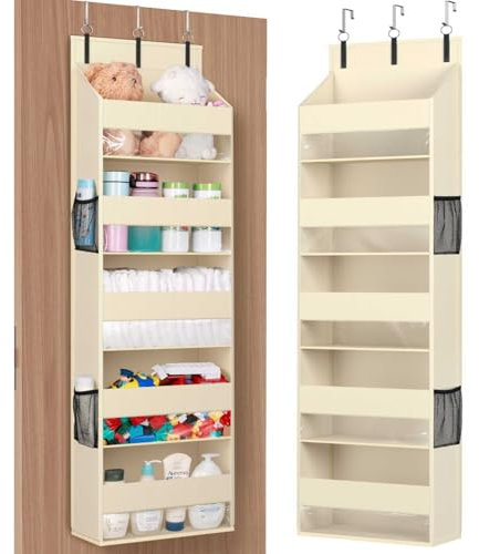 Lifewit Paquete de 1 organizador sobre la puerta, 5 estantes transparentes para colgar en la ventana con 4 bolsillos laterales de malla, carga antiinclinación de 40 libras detrás de la puerta para