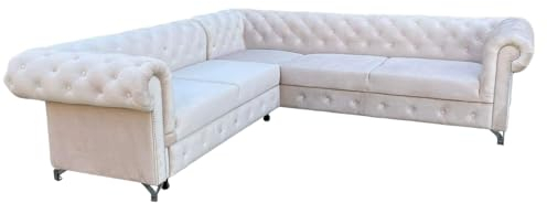 Meble Ares Elegante Chesterfield Sofa mit Quilten ASTI - 267 x 78 x 98 cm Bequemes Sofa 3 sitzer für das Wohnzimmer, Büro - Stilvolles Couch Mit Silbernen Beinen - Samt Beige
