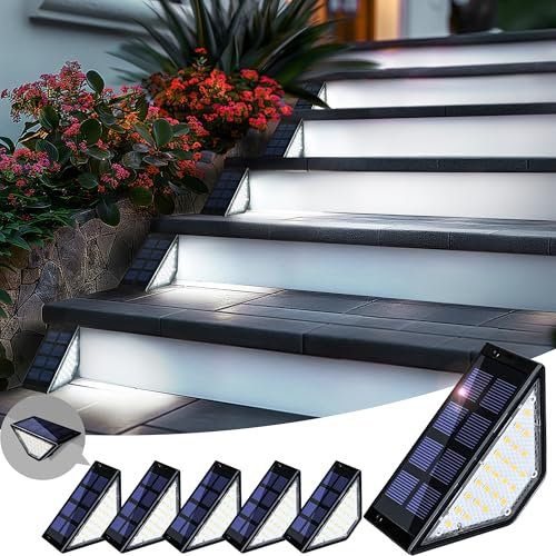 Solpex Luci solari per gradini, confezione da 6 luci solari per esterni, impermeabili, decorazione per scale, gradini, recinzioni, cortile, patio e vialetto (bianco freddo, nero)