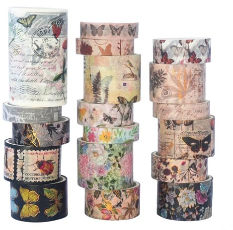 Blumen und Schmetterlinge Washi Tape Set,2m pro Rolle,Bronzieren, 18 Rollen in einer Box,Klebeband für Fotoalben, Sticker für Kinder, DIY Tape für Scrapbook und Journal,Washitape Organizer Stickerset