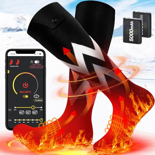 Heated Socks for Men Women, Rechargeable Electric Socks 5V/5000mAh Powered Battery with APP Remote Control Heated Sock Washable Foot Warmer for Winter Outdoor Skiing Hiking Hunting Camping, Medium