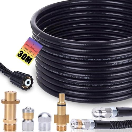 Set di tubi per la pulizia dei tubi, 30 m, 240 bar, con adattatore M22, ugelli rigidi e rotanti per Kränzle Kärcher K2, K3, K4, K5, K6, K7 & Lavor idropulitrice universale