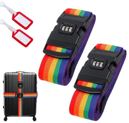 2 Stück Kofferband mit Schloss – Auffälliges, Strapazierfähiges Gepäckband (2m x 2) – Ideal für Reisekoffer – Inkl. 2 Namensschildern – Komoke