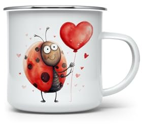MAXIKIWI Langlebige Emaille-Kaffee- oder Tee-Camping-Tasse für drinnen und draußen, Valentinstag, süße Marienkäfer, 350 ml