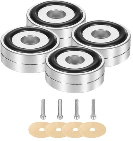 sourcing map 4 Pcs Subwoofer Isolation Pad, 40x15mm Speaker Isolation Pad Feet Speaker Spikes Turntable Audio Studio Monitor Isolation Pad for Audio Equipment, M4 Screws Silver