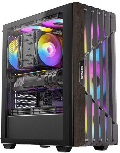 Okinos Case PC ATX in legno di quercia, 4 ventole ARGB Non-PWM da 120 mm preinstallate, porta di tipo C, pannello laterale in vetro temperato, case per computer Mid-Tower nero, Cypress 5 ARGB