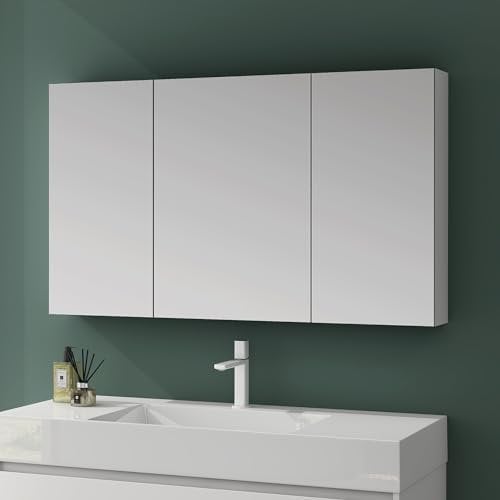 Mai & Mai Armoire Suspendue de Salle de Bain avec Miroir Armoire de Toilette Meuble Murale Miroir avec 3 Portes 120x15x70 cm Blanc Mat SpiegelSR-02