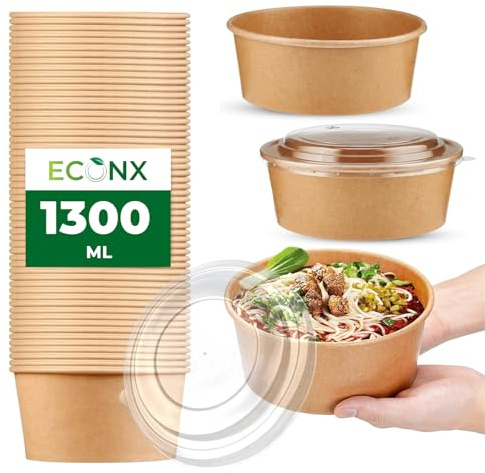 ECONX 46oz 1300ml Kraft Salad Paper Bowls with Lids 50 Pcs Disposable Takeaway Bowls Salad Food Container for Hot Cold Food Leakproof Soup Containers for Business, Restaurant