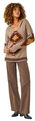 Roman Originals Women Jumper with Hood Ladies Winter Knitted Hoodie with Pockets Fairisle Nordic Aztec Print Hooded Sweater Knit Knitwear Autumn Flattering Casual Smart - Brown Yellow - Size 12