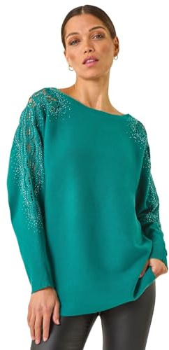 Roman Originals Hotfix Embellished Sleeve Knit Jumper for Women UK - Ladies Everyday Autumn Winter Shaped Neckline Comfy Soft Evening Vacation Work Party Night Out - Jade - Size 12