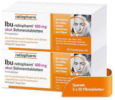Ibu-ratiopharm® 400 mg akut Schmerztabletten im Sparset 2 x 50 Filmtabletten: Bewährt bei Schmerzen und Fieber. Wirkstoff: Ibuprofen