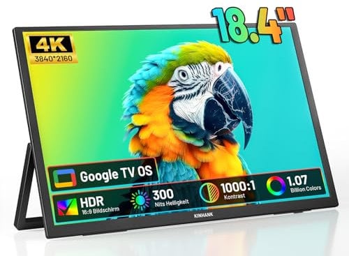 Monitor Portátil 4K 18 Pulgadas Pantalla Portatil con GTV OS, UHD 3840 * 2160|HDR|85% NTFC|IPS Portable Monitor para Laptop/Xbo/PS5/Smartphone/USB C/HDMI, Compatible con VESA, con Altavoces y Soporte