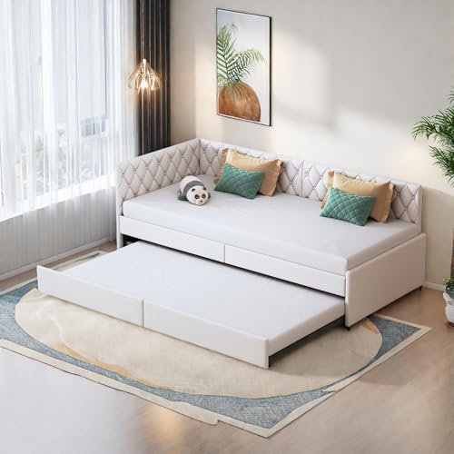 Julyue Ausziehbares Schlafcouch 90/180 x 200 cm, Polsterbett Samt mit Lattenrost, Tagesbett Multifunktionsbett Gästebett, Couch Bett 2 Sitzer für Wohnzimmer, Kinderzimmer, ohne Matratze (Beige-a)