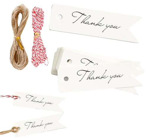 Lot de 100 étiquettes de remerciement blanches avec ficelle, étiquettes en papier pour loisirs créatifs, mariage, Saint-Valentin