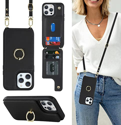 Cavor Phone Case Compatible with iPhone 15 Pro Case With Card Holder With Strap,Flip Leather Wallet Case with Lanyard,Ring Kickstand Shockproof Cover Case for iPhone 15 Pro - Black