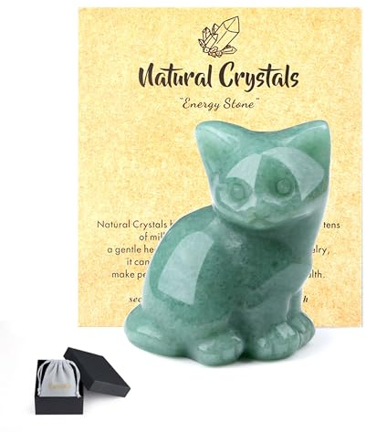 QINJIEJIE Green Aventurine Crystal Cat Figurine Crystal Gifts for Women | Good Luck Cat Themed Gift Cats Statue Home Office Desk Decor, Spiritual Gifts for Cats Lovers Men Christmas 1.5
