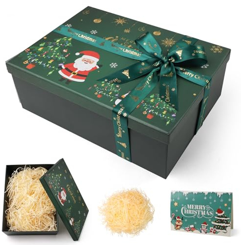 Geschenkbox Weihnachtenmit Deckel 28,5 x 20,5 x 10 cm,Groß Geschenkbox mit Grußkarten Grün Bändern,Verdickt und Langlebig Geschenk Box, Geschenkkarton für Weihnachtsgeschenkverpackung(Grün)
