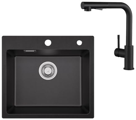 Sofetiy Évier en granit noir 50x45 cm avec robinet de cuisine extractible, ensemble de bassin de cuisine, évier encastré avec garniture de vidange, robinet mitigeur de lavabo noir avec douchette
