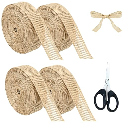 4 Rollen Juteband, 2cm Breit 20m Natur Braun Vintage Geschenkband, Dekorativ Jute Band für Handwerk Geschenkverpackung Und Mittelgroße Schere zum Schneiden