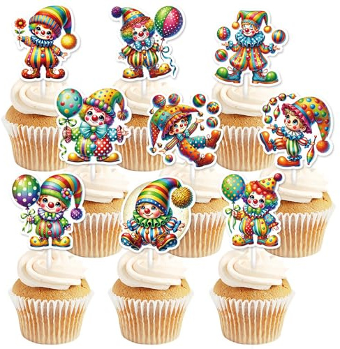 Mavouri Clown Cupcake Topper, 18 Stück Bunt Clown Tortendeko, Karneval Deko Torte, Zirkus Deko Cake Topper, Carnival Kuchen Deko für Fasching, Zirkus Thematische Party, Karneval
