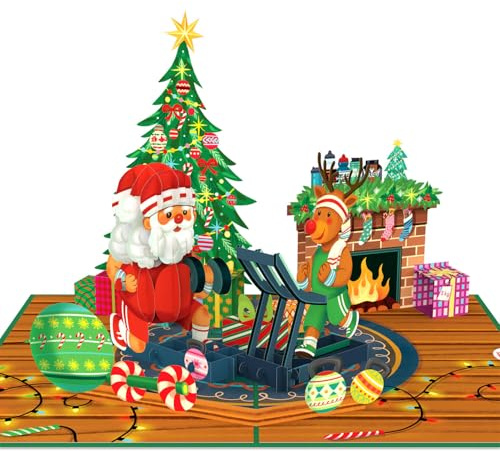 papercrush Pop-Up Karte Weihnachten Merry Fitmas, 3D Gym Weihnachtskarte | Fitnesszubehör oder Fitnessstudio Gutschein als lustiges Geschenk für Sportler, Witzige Fitness Geschenke für Männer & Frauen