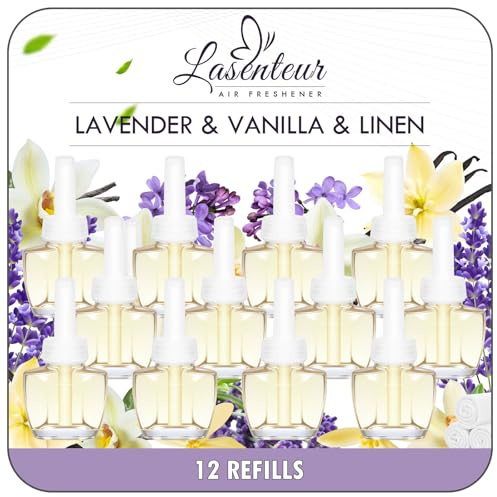 LASENTEUR Duftstecker Nachfüller 12x19ml, kompatibel mit Air Wick und Glade | Raumduft & Lufterfrischer für die Steckdose, Duftölflakon Nachfüller mit Lavendel, Frische Leinen & Vanille
