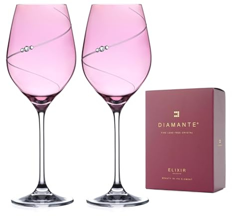 DIAMANTE Rosa Weingläser, 2 Stück, Pink Silhouette, 2 farbige Kristallweingläser, 360 ml, verziert mit Swarovski-Kristallen und Geschenkbox, Muttertag, Jahrestag, in Elixir-Geschenkbox