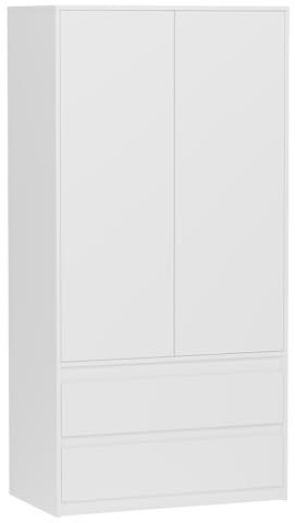Framire Kleiderschrank weiß 90x51x180 cm – Schrank mit 2 Türen, 4 Regalfächern & 2 Schubladen, modernes Design für Schlafzimmer, Flur und Wohnzimmer