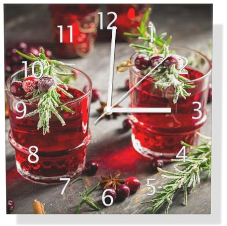 Wallario Design Wanduhr Winterlicher Cranberry-Punsch mit Rosmarin aus Aluverbund, Alu-Uhr Größe 30 x 30 cm, weiße Zeiger mit Metalloptik
