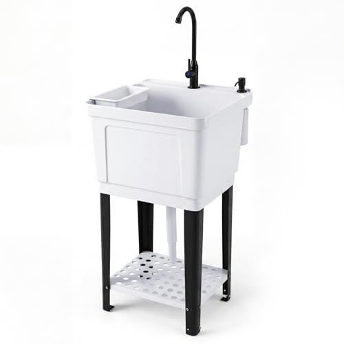 GYMAX Évier Autoportant de Cuisine, Évier Utilitaire 1 bac en Plastique | Robinet Pivotant, Étagère de Rangement, Distributeur de Savon, Égouttoir, Pieds Métalliques, pour Buanderie Garage Jardin