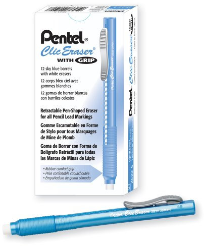 Pentel ZE22S Clic Radiergummi-Griff, einziehbarer Radiergummi, himmelblauer Schaft, 12 Stück