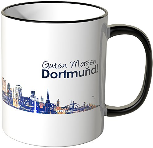 WANDKINGS® Tasse, Schriftzug Guten Morgen Dortmund! mit Skyline bei Nacht - SCHWARZ