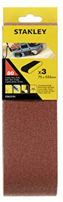 Stanley Schleifband für Bandschleifer (75 x 533 mm, grobe Körnung K80, passend für Black+Decker Bandschleifer BD75, BD75E, KA75, KA75E, KA88, 3 Stück) STA33191