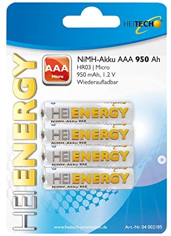 HEITECH 4er Pack NIMH-Akku, Micro/AAA / HR03 950 mAh Wiederaufladbare Batterie mit geringer Selbstentladung - Akku für Geräte mit hohem Stromverbrauch