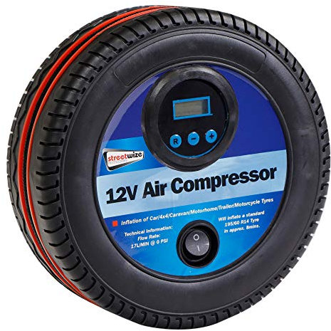Streetwize - Tyre Shaped Air Compressor -12V - 250 PSI - Tyre Inflator, Digital Pressure Gauge (SWAC15)